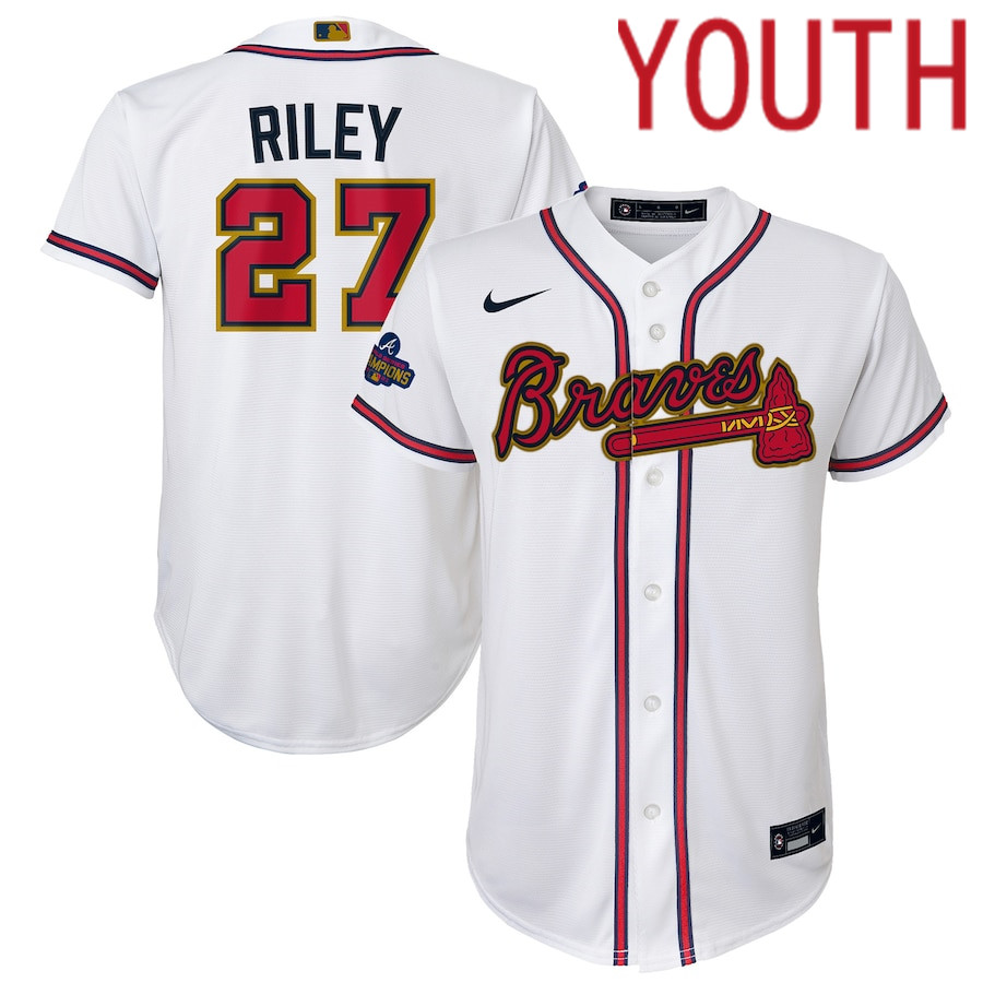 Custom Youth Atlanta Braves #27 Austin Riley Nike White 2022 Gold Program Replica Player MLB Jersey